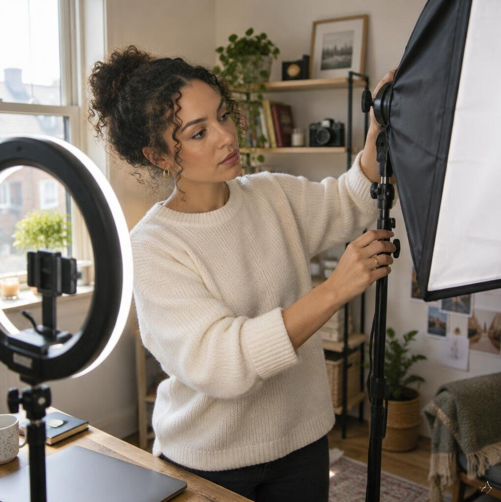 Woman adjusting a ring light in a home content studio