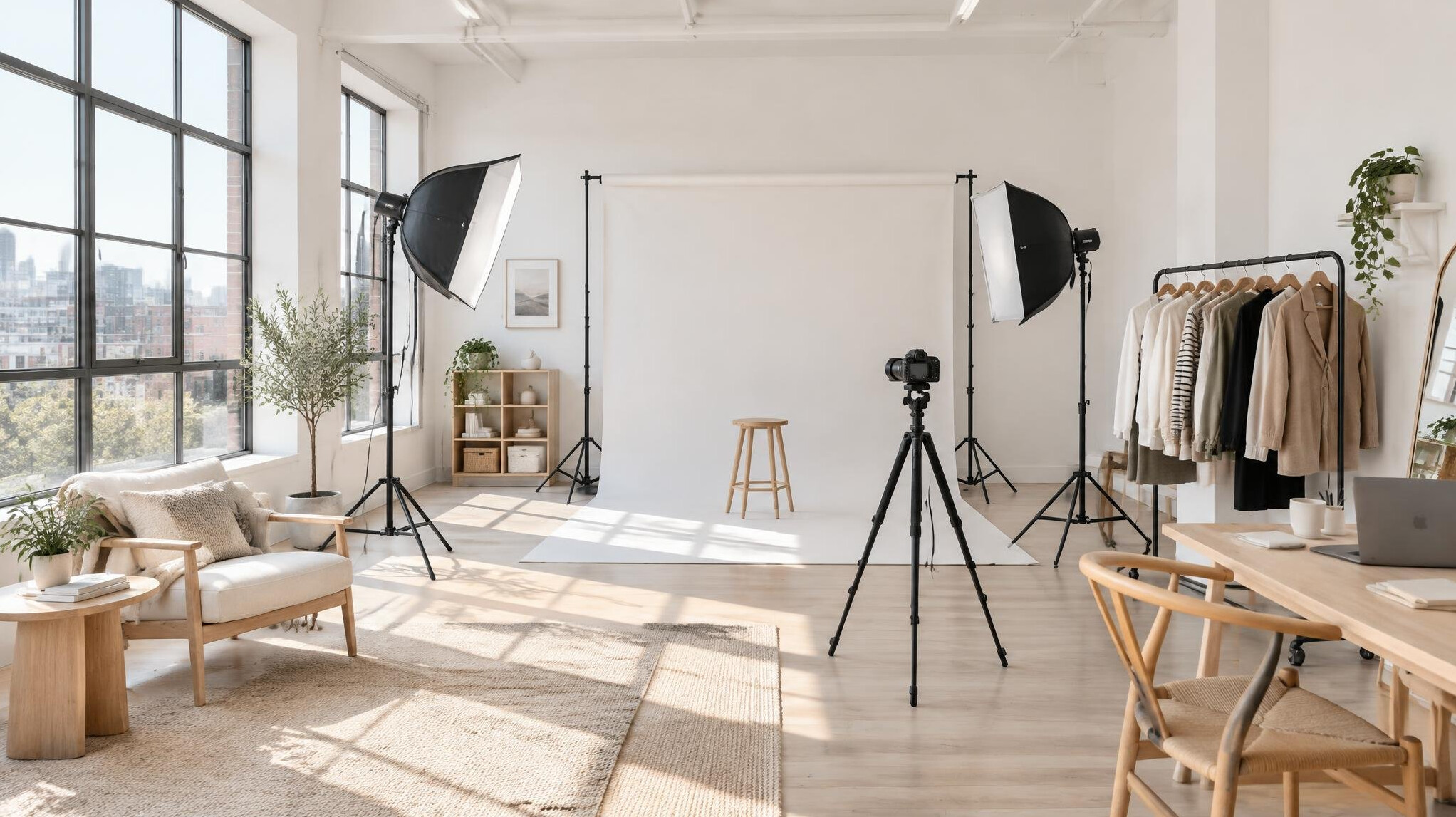 Bright content creation studio interior with lighting rigs