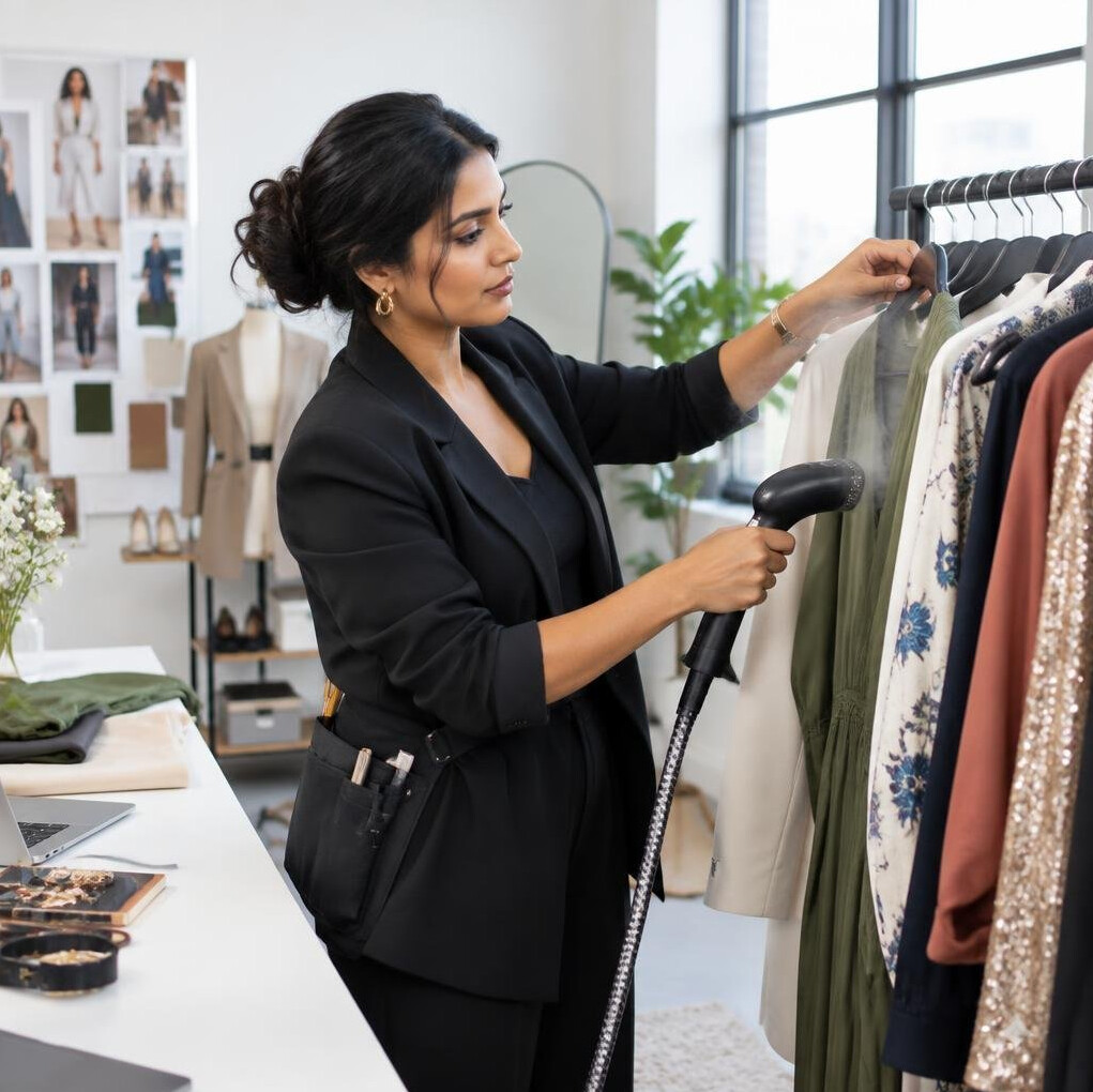 Stylist arranging outfits on a clothing rack for a photoshoot