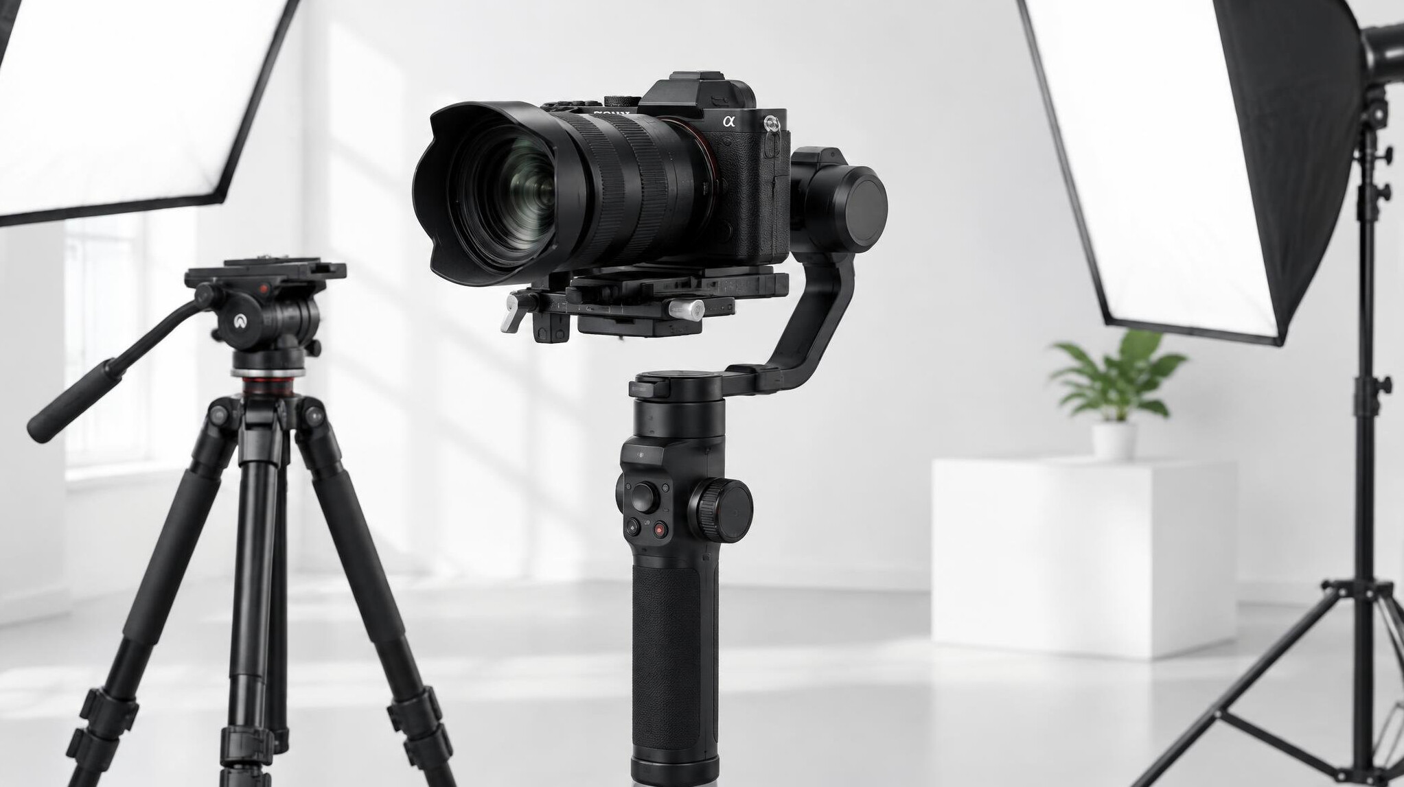 Camera and gimbal equipment set up for a video shoot