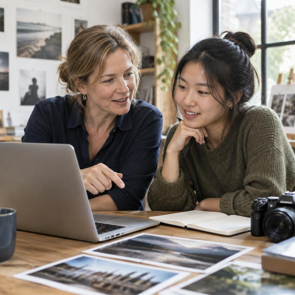 Mentor and student reviewing photos together on a laptop