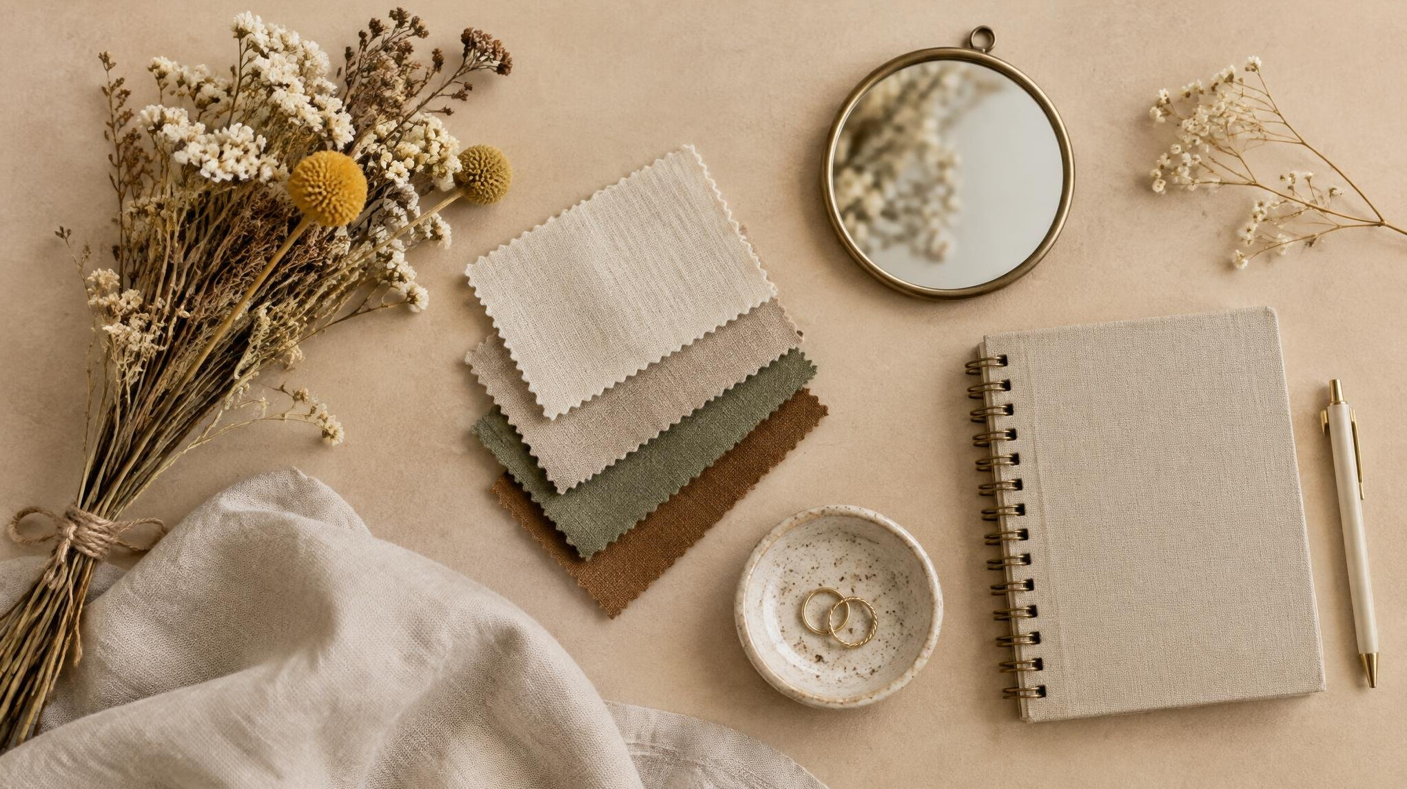 Flat lay styling props including flowers and fabric on a table