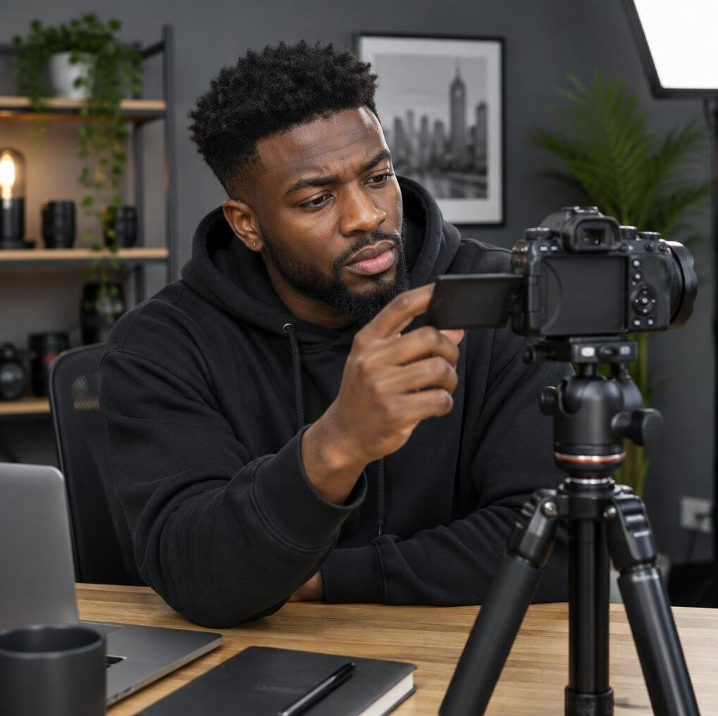 Content creator reviewing footage on a camera monitor
